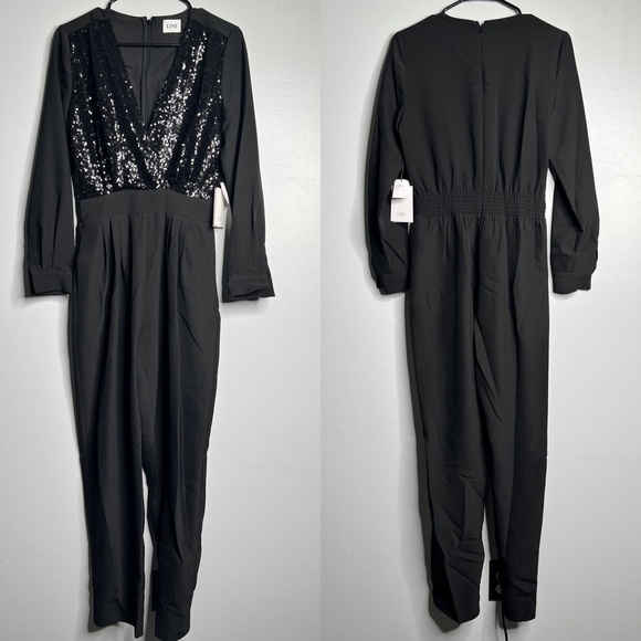 LINI Black Sequin Jumpsuit – Long Sleeve, V-Neck – NWT – Size Small - Picture 1 of 6